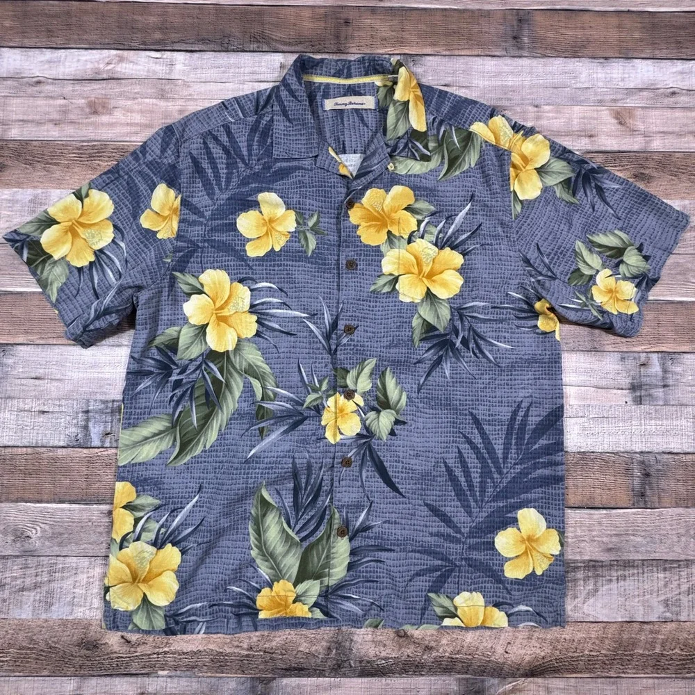 Tommy Bahama Mens Shirt Large Blue Yellow Floral 100% Silk‎ Hawaiian Beach Vaca